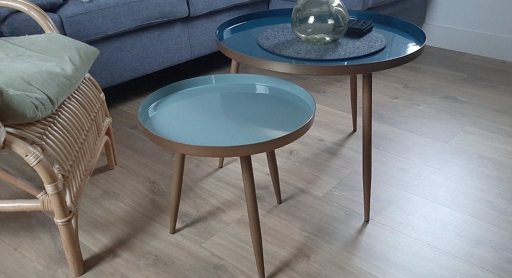 2 kleine ronde salontafeltjes, Ophalen, 50 – 75, Gebruikt, 50 tot 100 cm