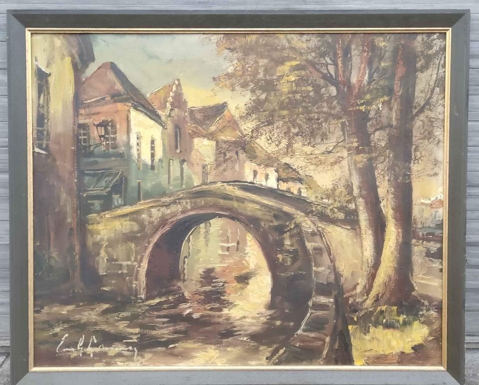 Huile sur toile pont de Bruges signe Émile lammers, Antiquités & Art, Enlèvement ou Envoi, Toile