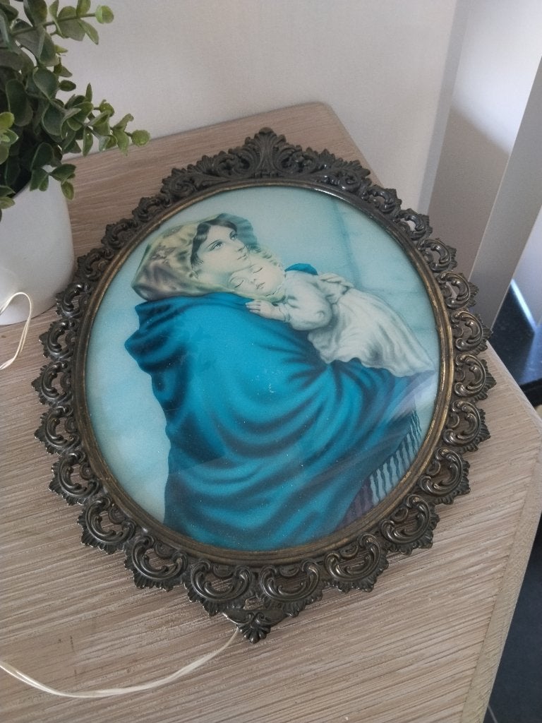 vintage metalen kader prent achter bolglas met verlichting, Metaal, Achter glas, Vintage, Ophalen of Verzenden