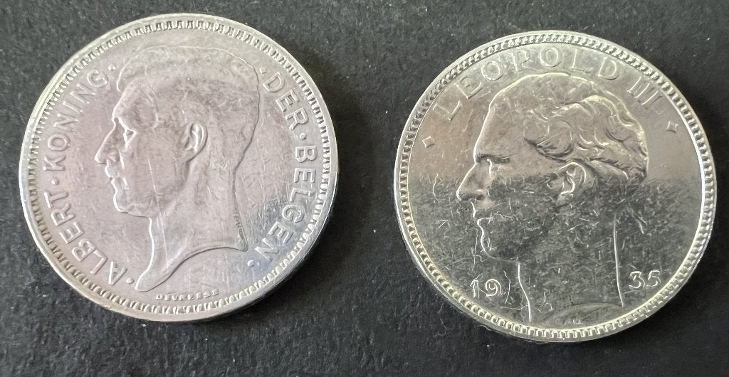 Belgie - 20 frank - 2 munten Albert 1934 - Leopold III 1935, Ophalen of Verzenden, Overig, Setje