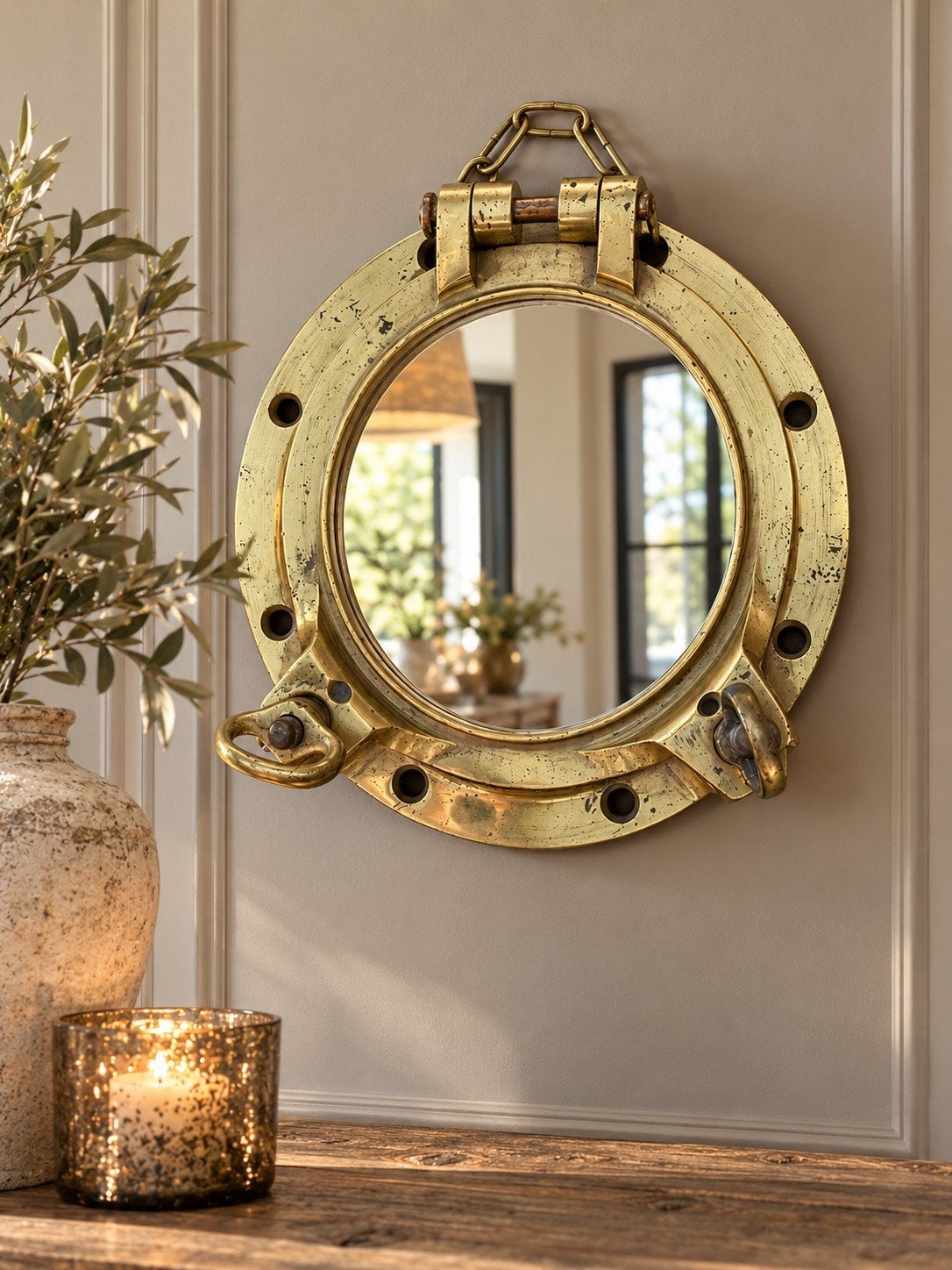 Vintage patrijspoort spiegel – maritieme look in messingkleu, Handtassen en Accessoires, Ophalen, Gebruikt