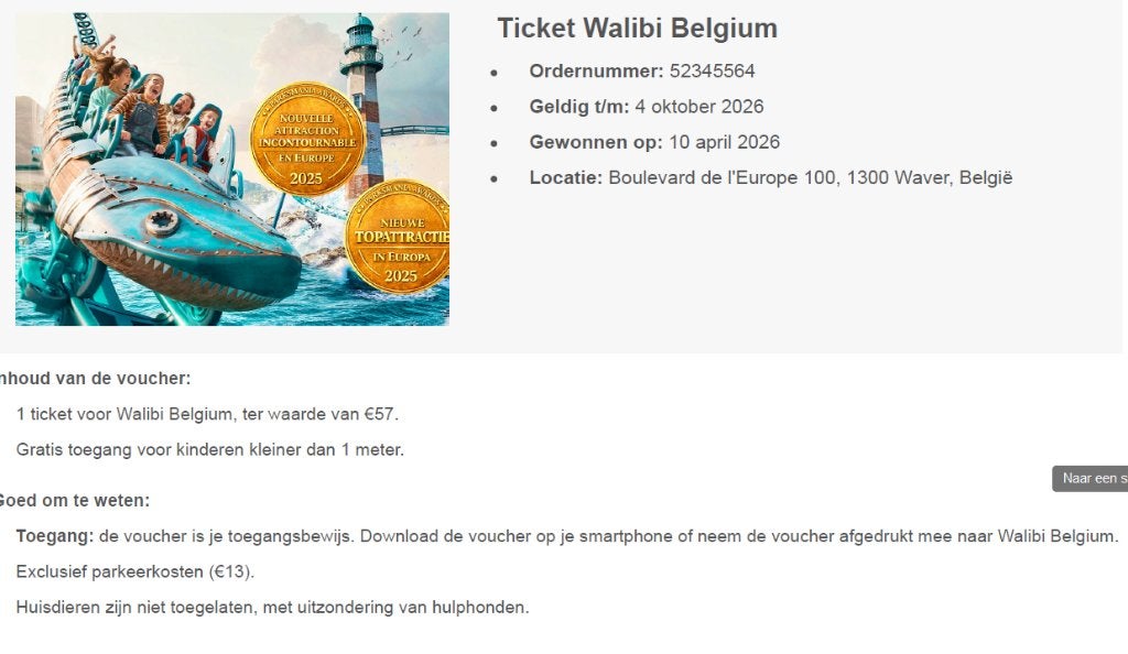 Walibi Belgium 2 tickets t.e.m 4 oktober, Twee personen, Ticket of Toegangskaart