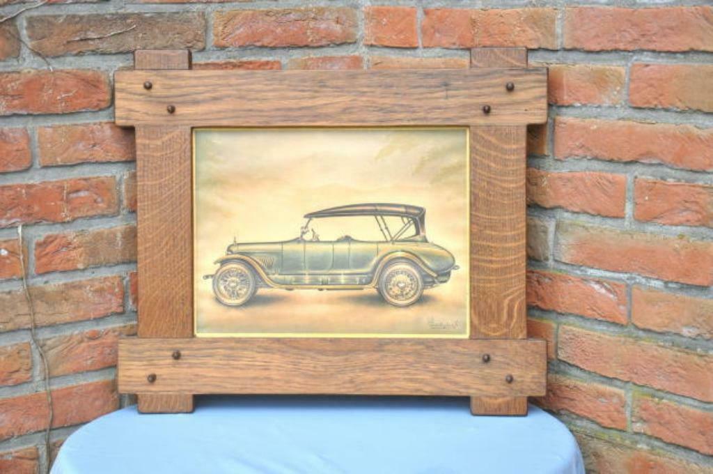 §cadre en chêne non vitre avec chromo véhicule ancien, Moins de 50 cm, Enlèvement ou Envoi, Utilisé, 50 à 75 cm