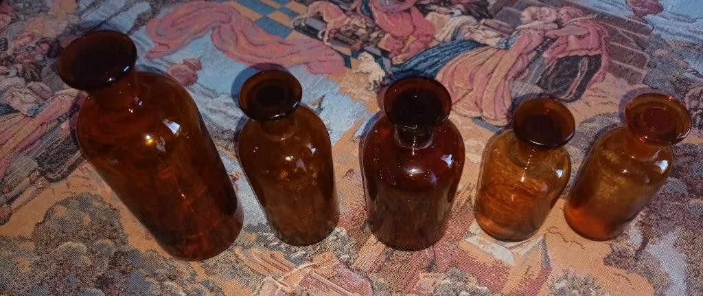 5 bocaux flacons pharmaceutiques verre ambré vintage 1950, Enlèvement ou Envoi