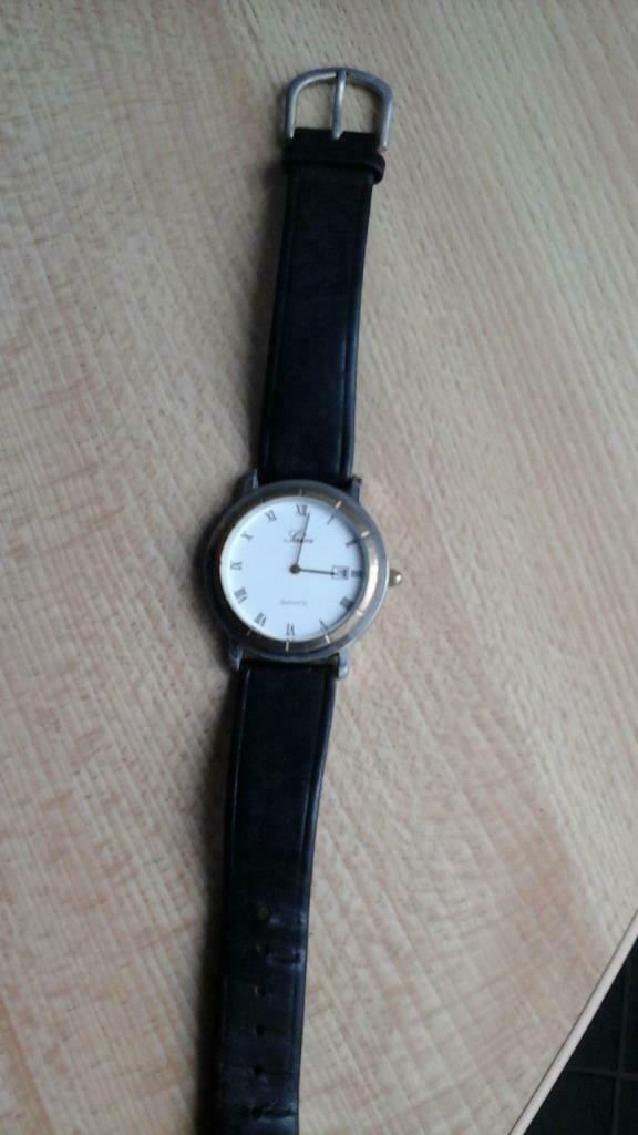 quartz "sabel" herenhorloge met datum, Staal, Polshorloge, Ophalen of Verzenden, Leer