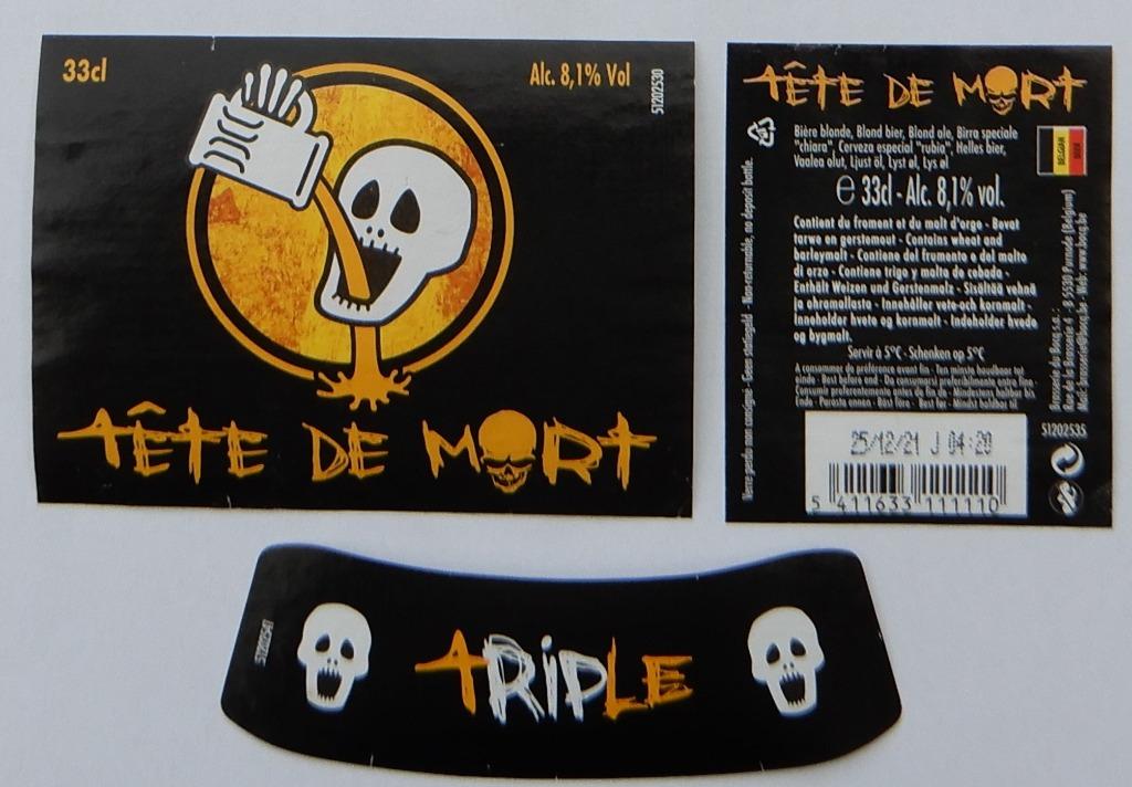 Etiquette bière Tête De Mort Triple brasserie Du Bocq (3z3), Collections, Enlèvement ou Envoi, Utilisé