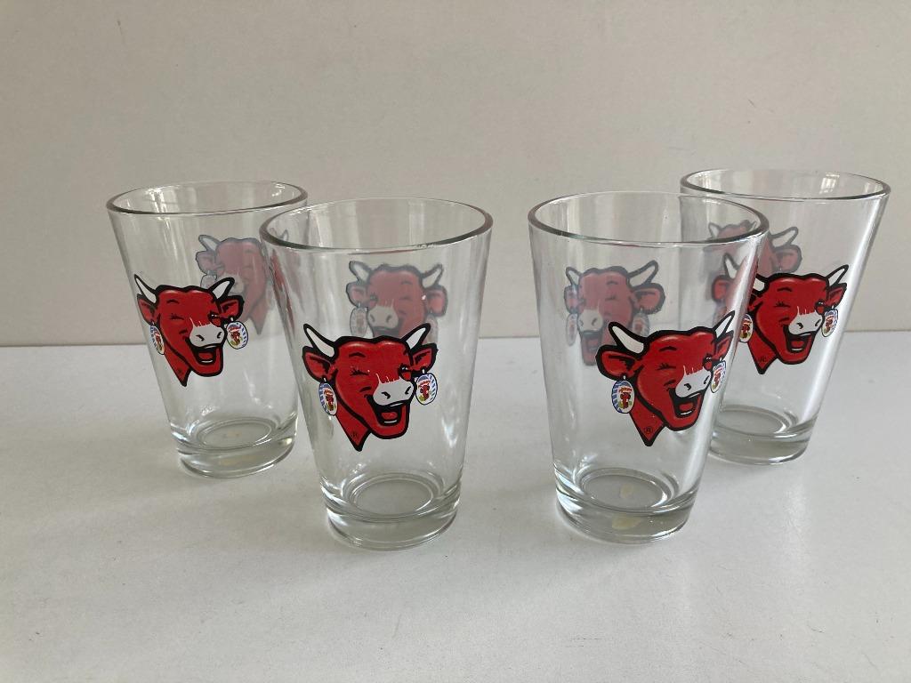 LA VACHE QUI RIT : 4 vintage drinkglazen, Ophalen of Verzenden, Zo goed als nieuw, Frisdrankglas