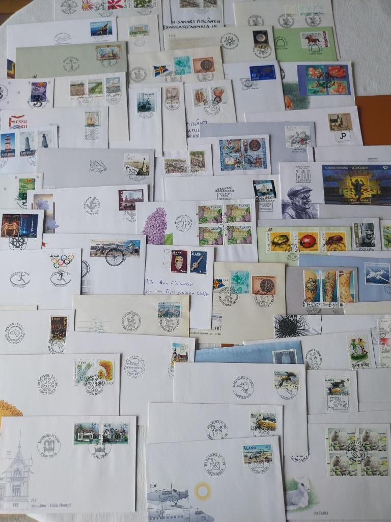 63 First day Covers postzegels + enveloppen Aland (Finland), Met envelop, Ophalen of Verzenden, Gestempeld, 1e dag stempel