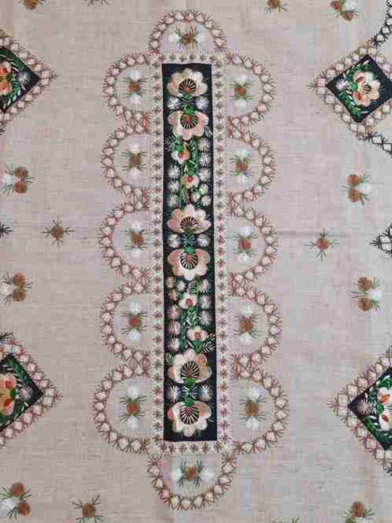 Tafelkleed gesteven linnen handgemaakt beige 215/145, Ophalen of Verzenden, Gebruikt