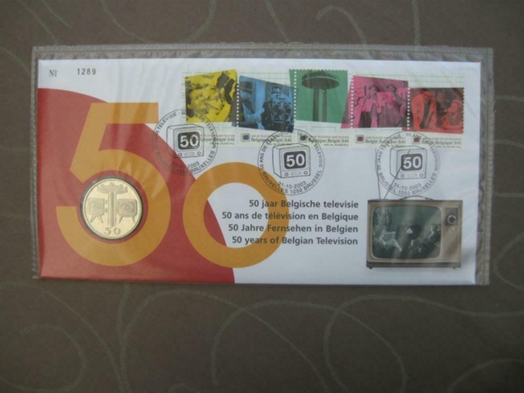 Numisletter FDC 3213 3217 België 2003 50 jaar televisie, Enlèvement ou Envoi, Affranchi, Oblitération 1er jour