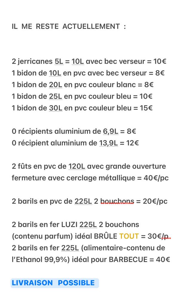 Baril fer 225L x 4 = 30€/pc + Bidon 5L-10L avec bec verseur, Enlèvement ou Envoi