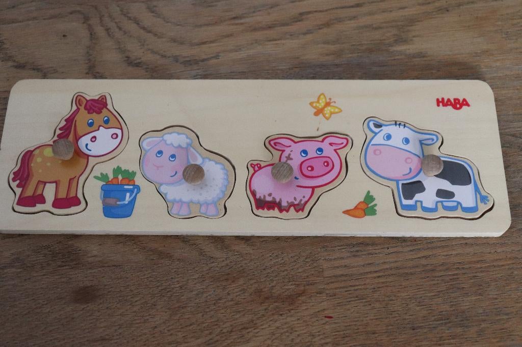 Puzzle en bois 4 pièces à la ferme - Haba, Enlèvement, Utilisé, 6 mois à 2 ans, Moins de 10 pièces