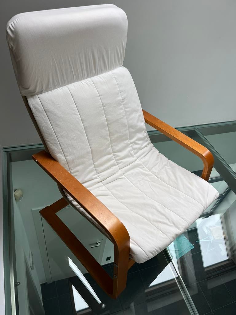Fauteuil inclinable en tissu beige avec structure en bois, Enlèvement, Utilisé, Beige