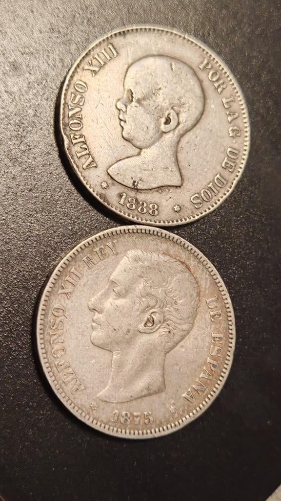 Spanje,5 Pesetas 1875+1888,zilver munten,Alfonso XII-XIII, Ophalen of Verzenden, Overige landen, Setje, Zilver