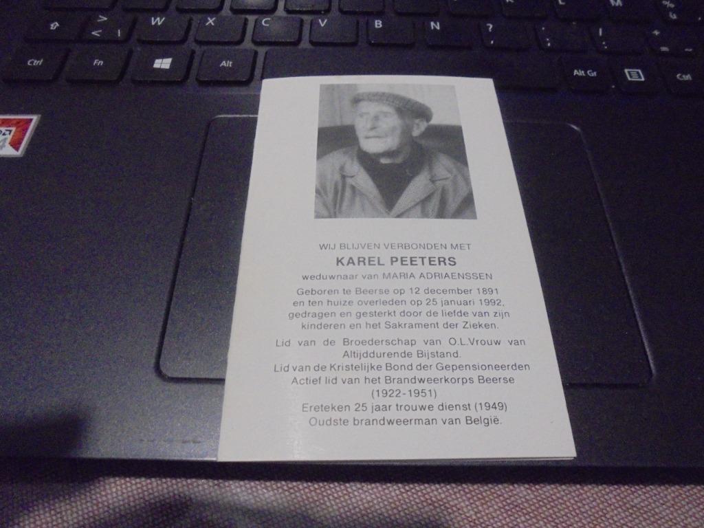 dp Karel Peeters, Verzamelen, Bidprentjes en Rouwkaarten, Ophalen of Verzenden, Bidprentje