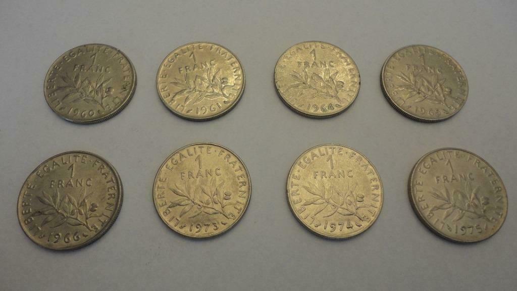 8 munten 1 frank Frankrijk zaaier 1960,61,64,65,66,73,74,75, Ophalen of Verzenden, Frankrijk