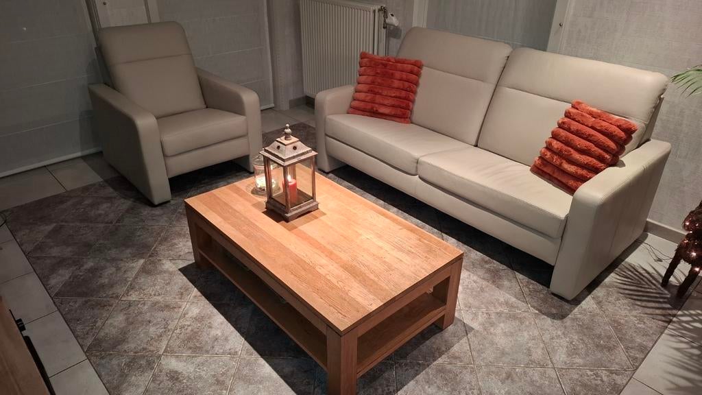 Kwaliteitsvolle tijdloze lederen salon,grijs/ beige, Ophalen, Zo goed als nieuw