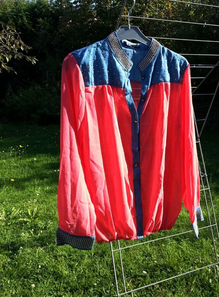 bloes mix stoffen jeans blauw / koraal + strass Nieuw, Ophalen of Verzenden, Nieuw, Maat 38/40 (M), Blauw