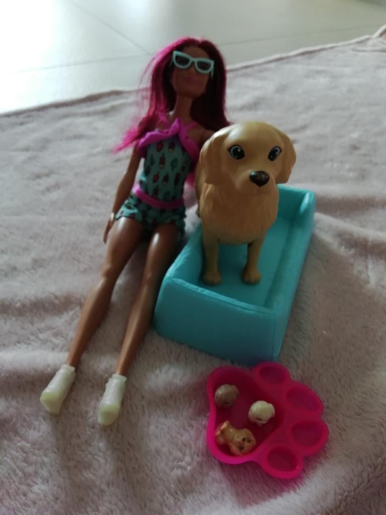 Barbie hond puppy s mand, Ophalen of Verzenden, Zo goed als nieuw, Barbie