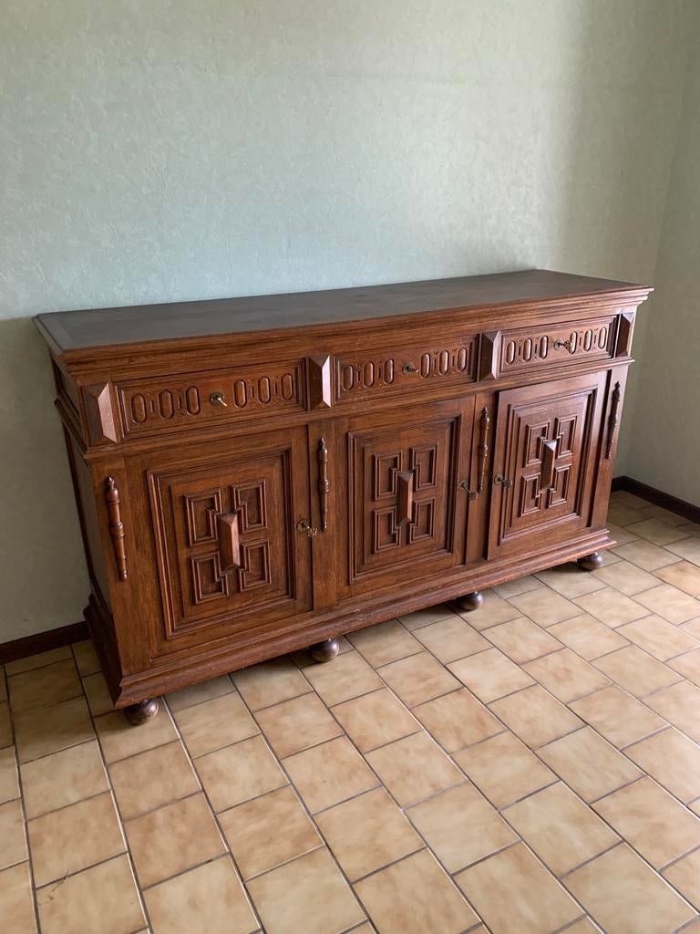 Antieke Mechelse 3-deurs dressoir, Avec tablette(s), Antiek, landelijk, 150 à 200 cm, Comme neuf