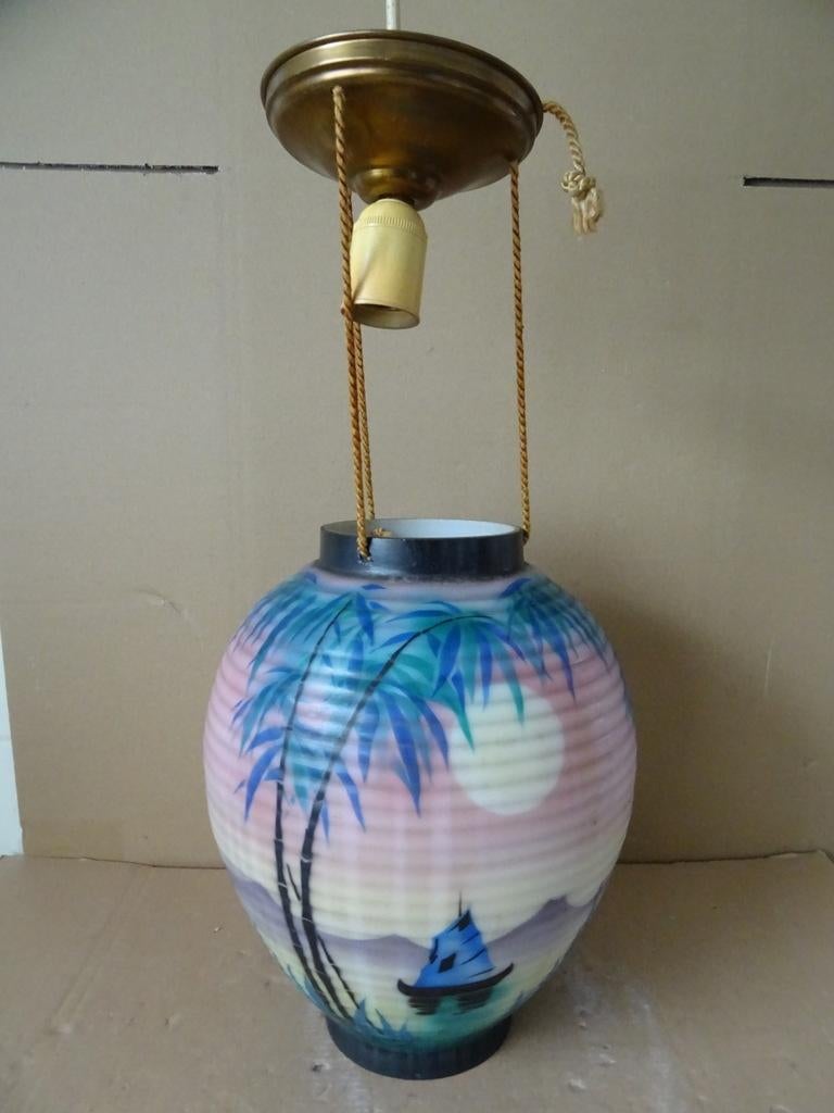 Vintage hanglamp grote glazen hanglamp geribbeld glas 1970, Aziatisch, Gebruikt, Ophalen of Verzenden, Glas