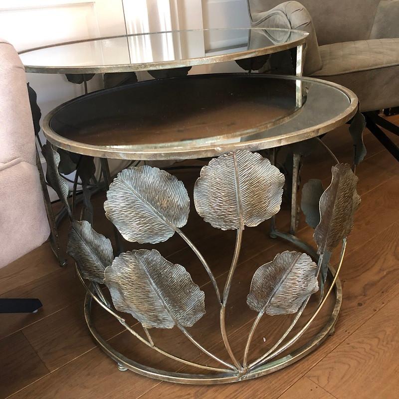 nieuwe salontafel goud bladeren met spiegelblad set van 2, Neuf, Verre, Rond, 50 à 100 cm