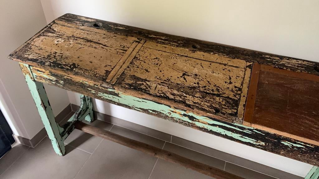 Très ancien bureau d'école décoratif, 3 places, Enlèvement, Utilisé