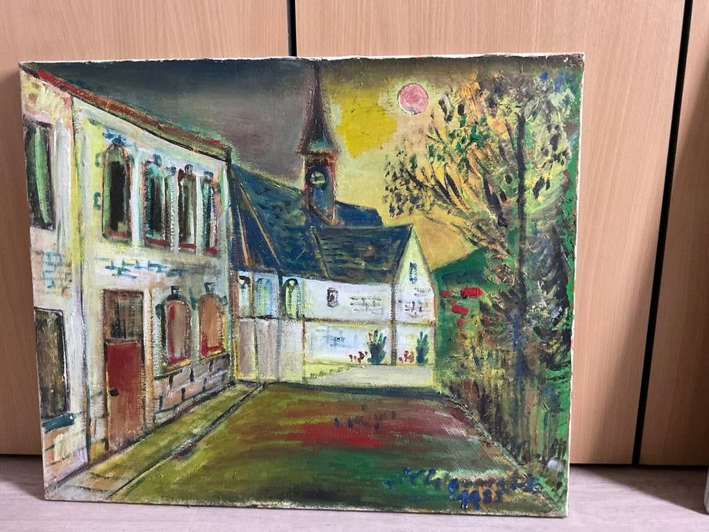 Schilderij met dorp en kerk, Ophalen of Verzenden