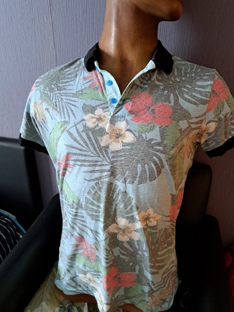 multi color blauw groen polo Denim  bloemen hawai M, Enlèvement ou Envoi, Comme neuf, Bleu