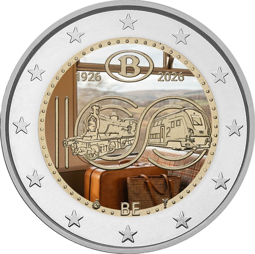 2 euro België 2026 100 jaar NMBS gekleurd type 3, Postzegels en Munten, Munten | Europa | Euromunten, Verzenden, België, 2 euro