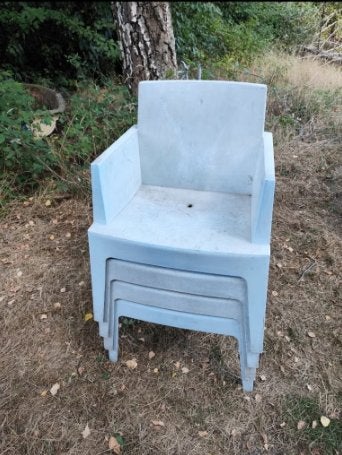 4 Supersterke tuinstoelen in kunststof, Ophalen, Gebruikt, Kunststof, Stapelbaar