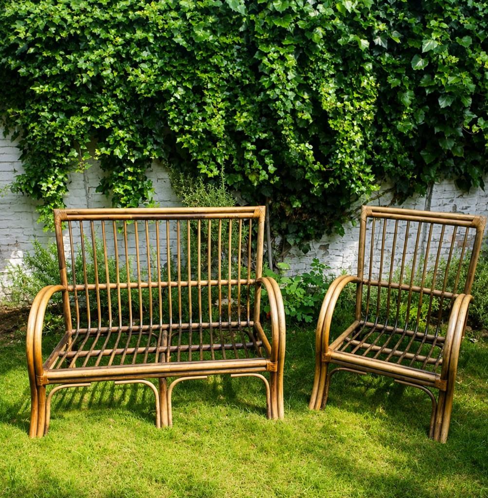 Set Bamboestoelen (1x tweezit, 3x eenzit), Tuin en Terras, Tuinstoelen, Ophalen