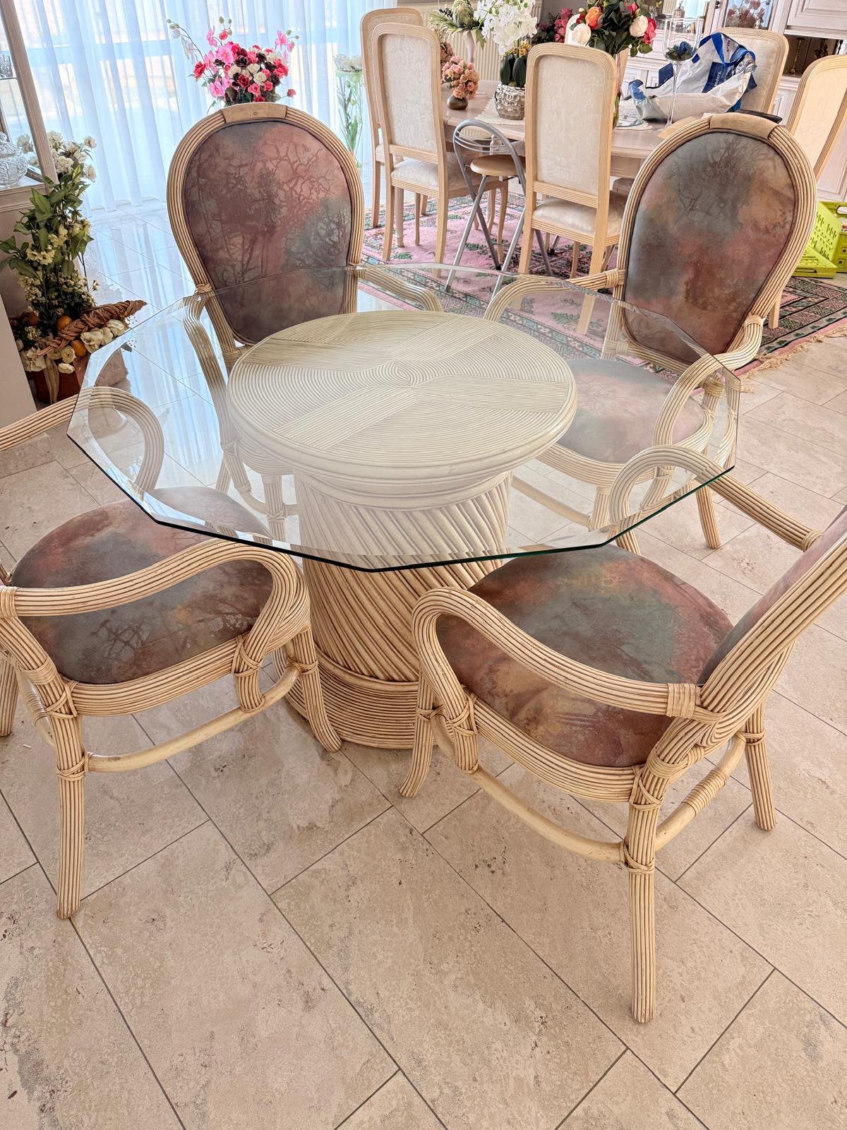 Ronde glazen tafel met 4 stoelen, Tuin en Terras, Ophalen, Gebruikt