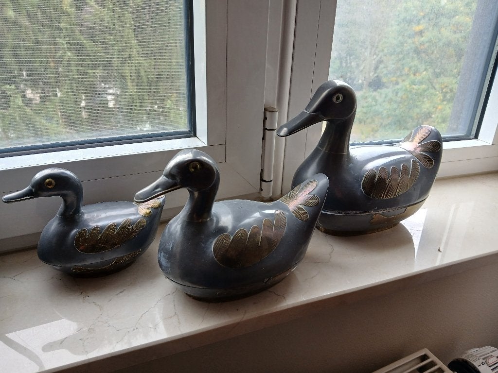 Set van 3 tinnen en koperen eenden, Antiek en Kunst, Ophalen