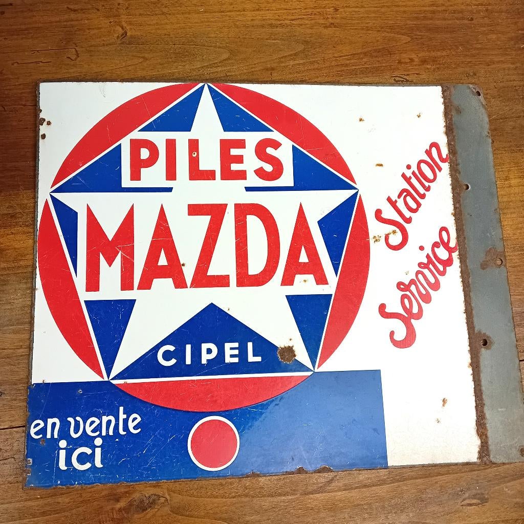 Panneau d'affichage émaillé PILES MAZDA ca 1960, Enlèvement ou Envoi, Comme neuf, Panneau publicitaire