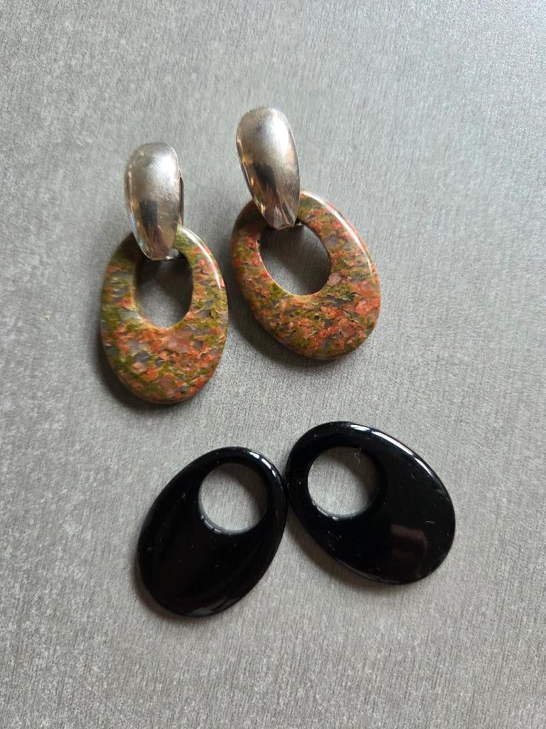 Oorbellen halfedelsteen 3-delig, Bijoux, Sacs & Beauté, Boucles d'oreilles, Comme neuf, Puces ou Clous, Autres matériaux, Noir