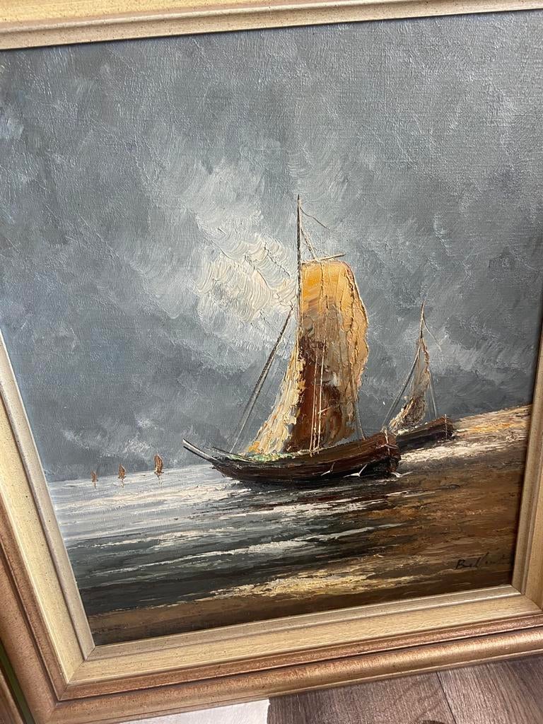 Vintage olieverfschilderij met zeilboten / marina., Antiek en Kunst, Ophalen of Verzenden