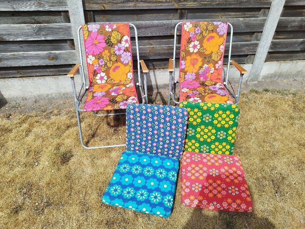 Vintage Retro 2 tuinzetels en 4 kussens, Ophalen, Gebruikt, Overige materialen, Inklapbaar