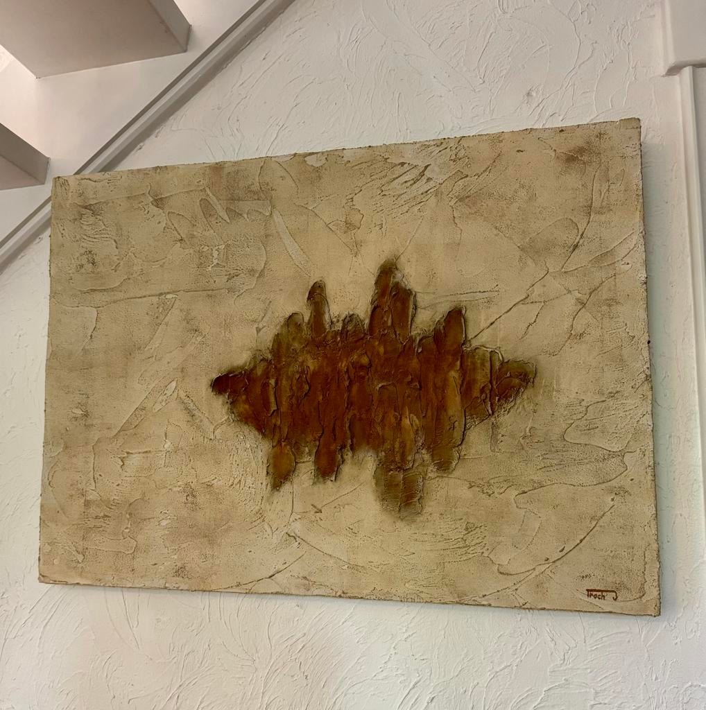 Abstracte materie relief schilderij-warme aardetinten-Troch, Beige, Boho, Ophalen of Verzenden, Zo goed als nieuw