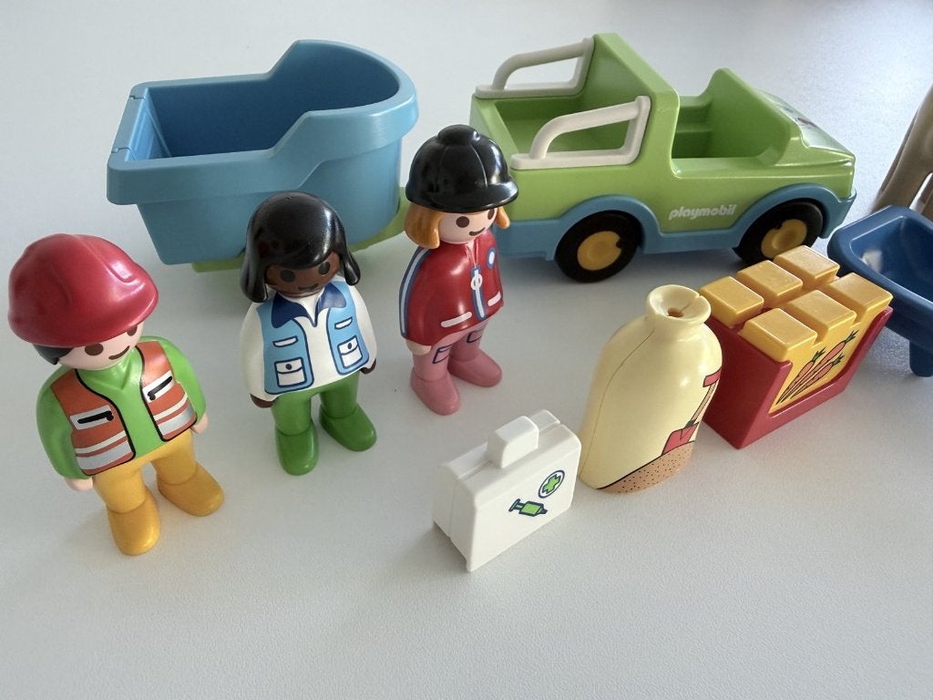 Playmobil 1.2.3 6958 voiture remorque cheval + lot animaux, Enlèvement ou Envoi, 1.2.3, Kit complet, Utilisé