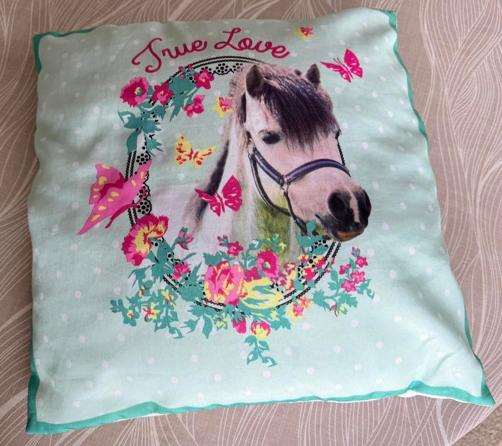 2 mintgroene kussens met paardenhoofd, Huis en Inrichting, Woonaccessoires | Kussens, Zo goed als nieuw, Overige kleuren, Vierkant