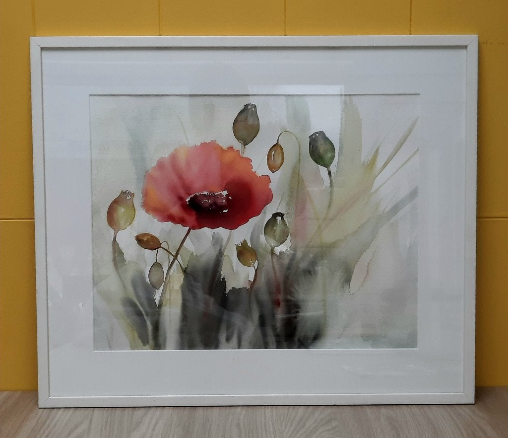 Echt Aquarel "klaprozen", Enlèvement, Comme neuf