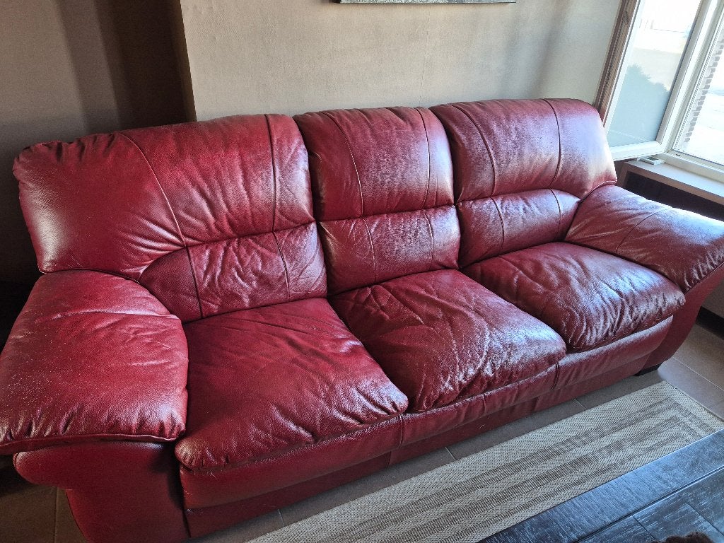 3 en 2 zit in rood leder + 6 kuipstoelen op wieltjes, Enlèvement, Utilisé, Cuir, Modern tijdloos