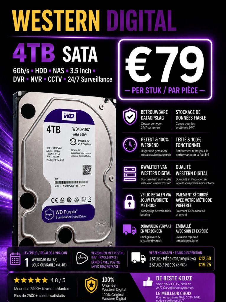 WD Purple 4TB - SATA NAS HDD Camera - ⚖️TopDeal, Computers en Software, Harde schijven, Gebruikt, Desktop, Intern, HDD, SATA, Ophalen of Verzenden