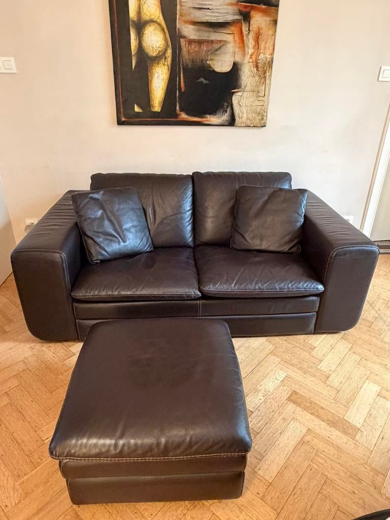 Roche Bobois chocoladeleren bank + voetenbank, Huis en Inrichting, Ophalen, 150 tot 200 cm, Tweepersoons, Zo goed als nieuw