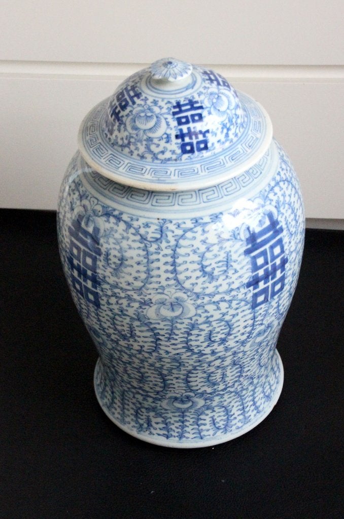 Chinese vaas + deksel porselein blauw-wit decor 19de eeuw, Enlèvement