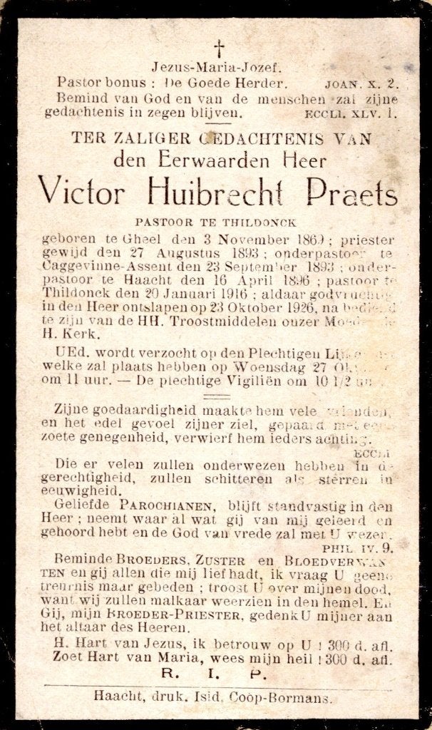 Priester. Praets Victor. ° Gheel 1869 † Thildonck 1926, Collections, Enlèvement ou Envoi, Image pieuse