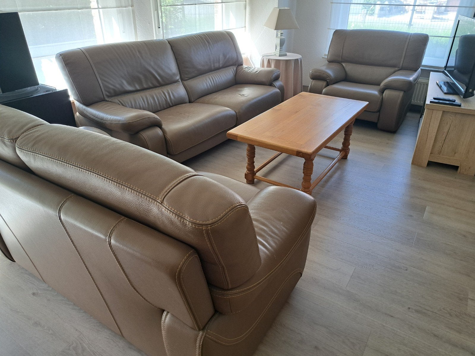 Lederen salon 3-zit, 2-zit en 1-zit, tafel niet inbegrepen., Huis en Inrichting, Ophalen