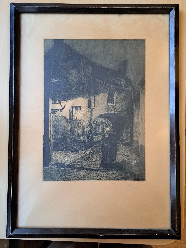 Ets van Hubert Dupond, Antiek en Kunst, Kunst | Etsen en Gravures, Ophalen, Ets, Stadsgezicht, 39 cm