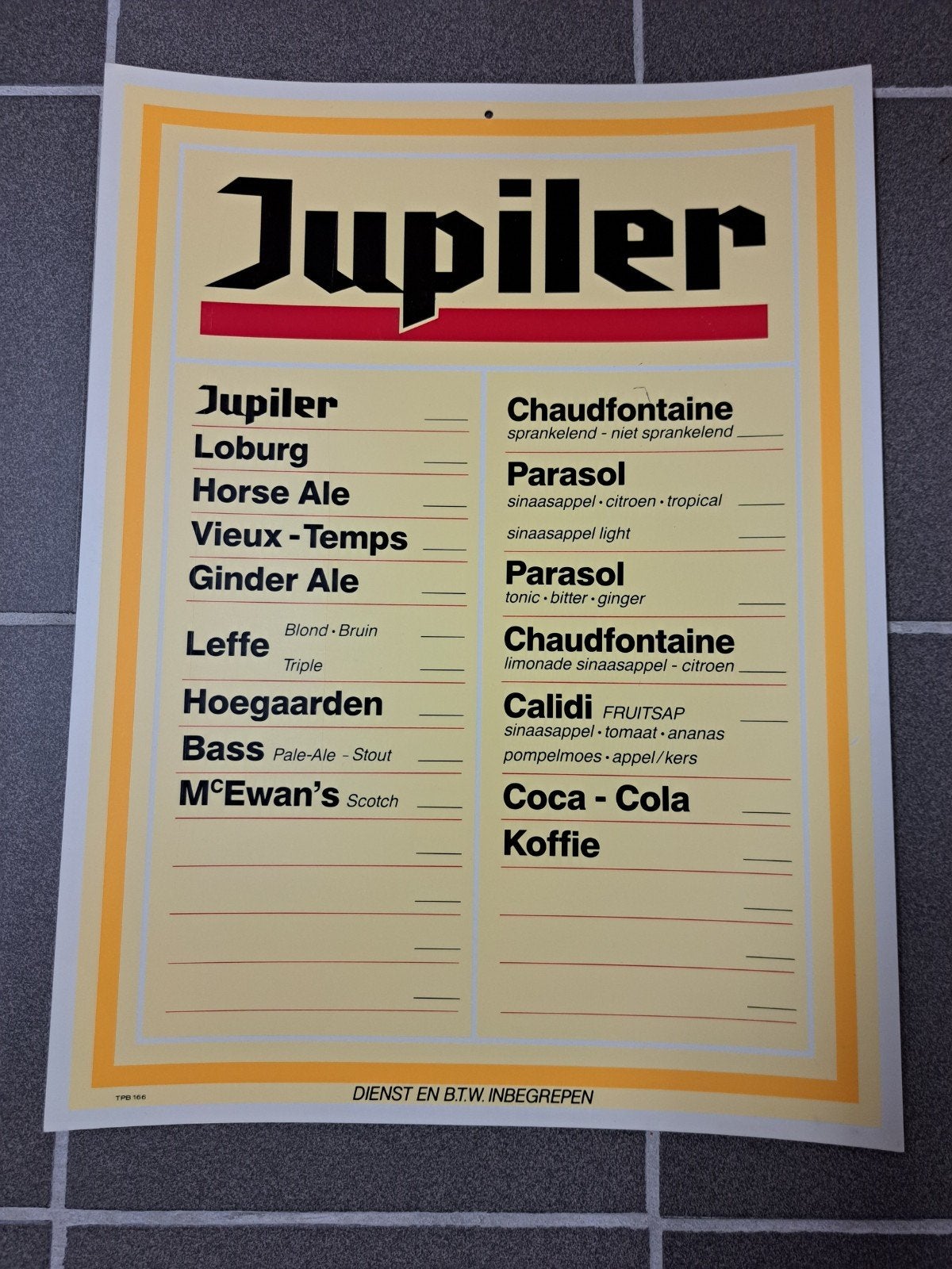 Originele vintage Jupiler café prijslijst, Enlèvement ou Envoi, Jupiler
